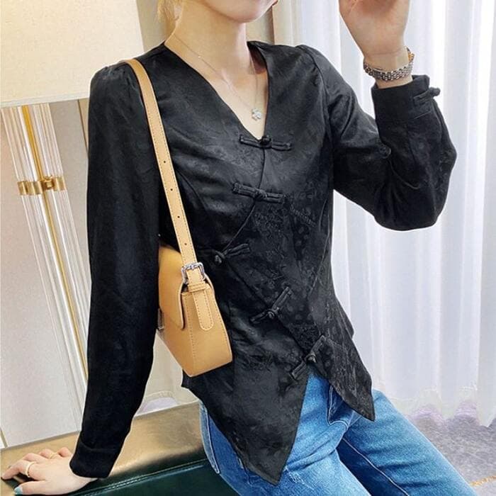 チャイナ服 ジャガード襟 長袖 チャイナシャツ