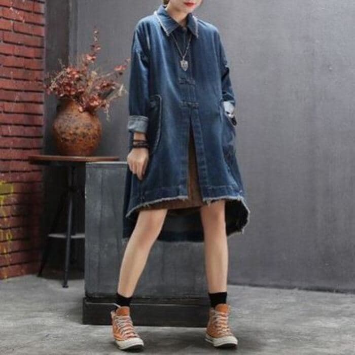 チャイナ服 レトロ バックル チャイナ風 ロングデニムジャケット チャイナジャケット