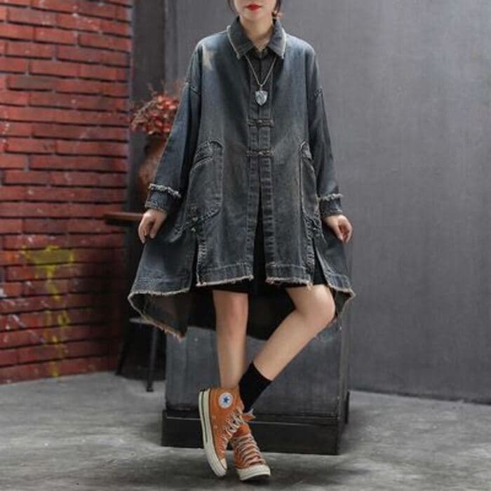 チャイナ服 レトロ バックル チャイナ風 ロングデニムジャケット チャイナジャケット