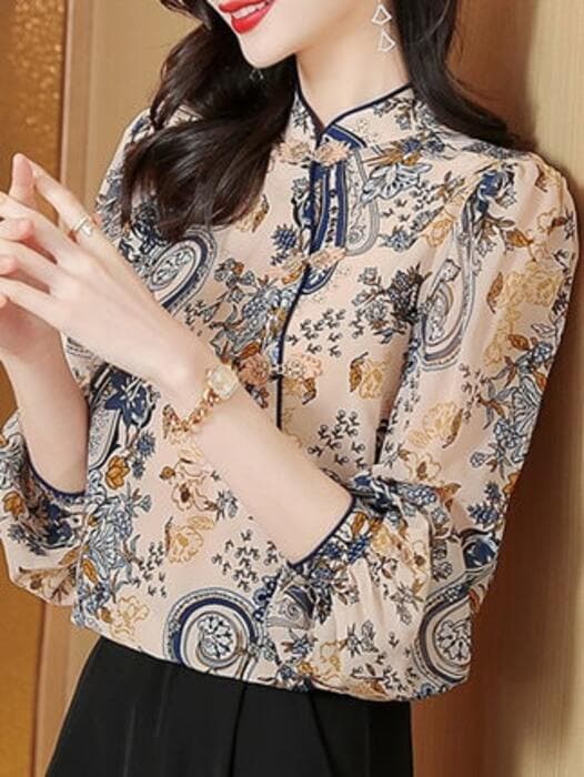 チャイナ服 おしゃれな花柄デザインのチャイナシャツ
