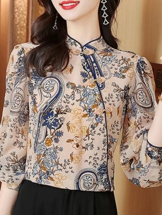 チャイナ服 おしゃれな花柄デザインのチャイナシャツ