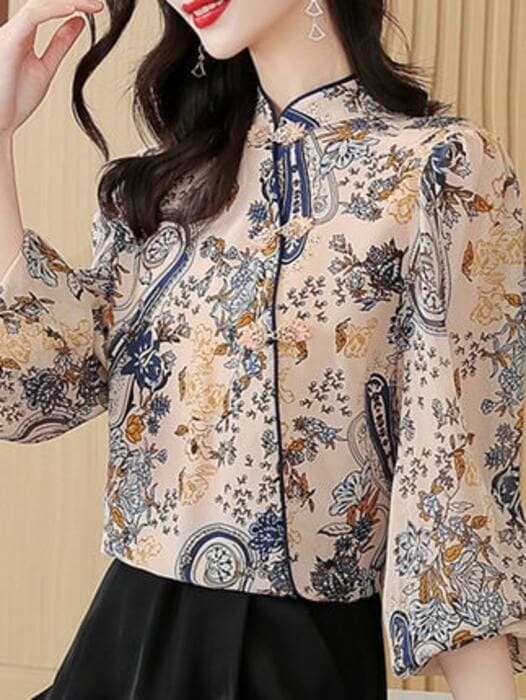 チャイナ服 おしゃれな花柄デザインのチャイナシャツ