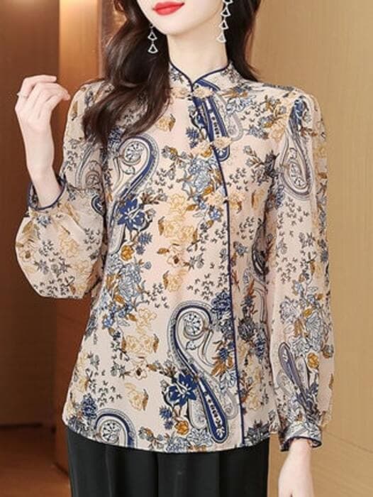 チャイナ服 おしゃれな花柄デザインのチャイナシャツ