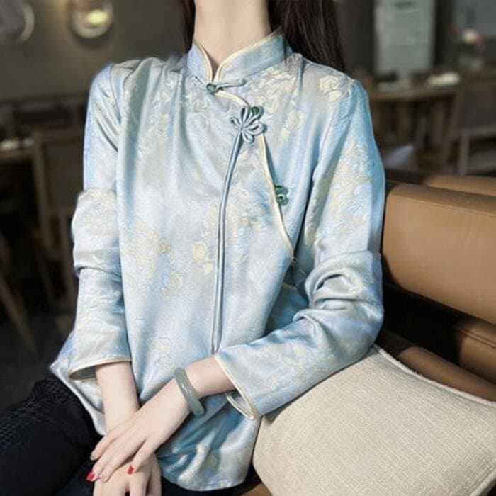 チャイナ服 花柄デザインのブルーチャイナシャツ