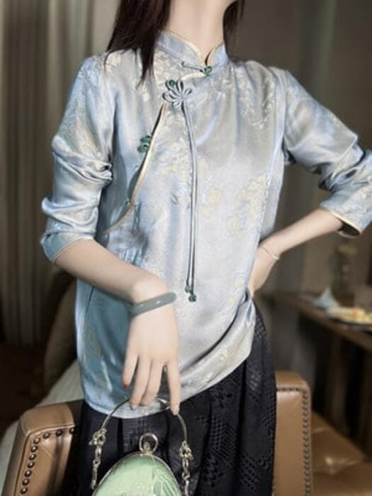 チャイナ服 花柄デザインのブルーチャイナシャツ