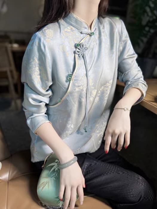 チャイナ服 花柄デザインのブルーチャイナシャツ