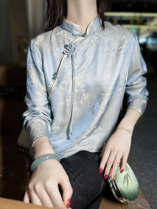 チャイナ服 花柄デザインのブルーチャイナシャツ