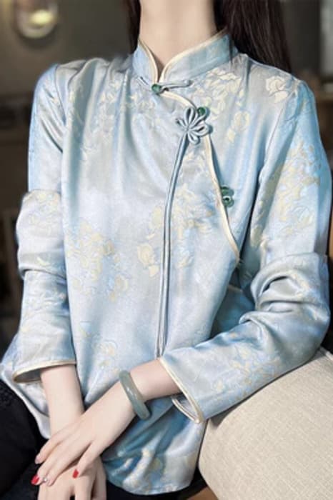 チャイナ服 花柄デザインのブルーチャイナシャツ