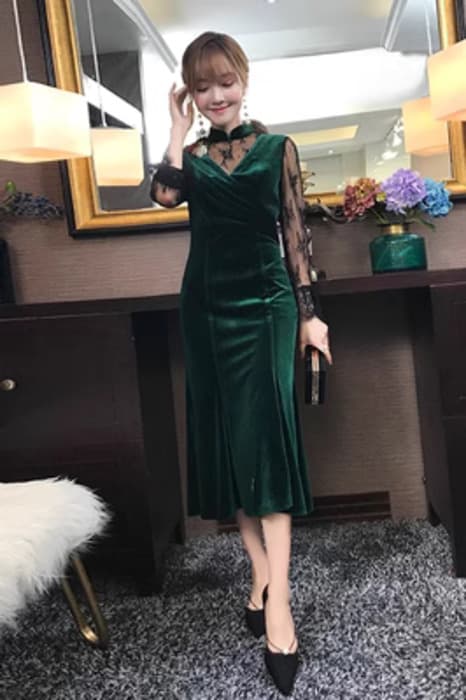 チャイナ服 パーティー 黒 レース ダークグリーン チャイナドレス
