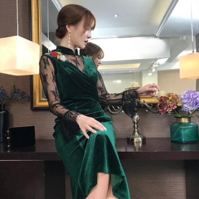 チャイナ服 パーティー 黒 レース ダークグリーン チャイナドレス