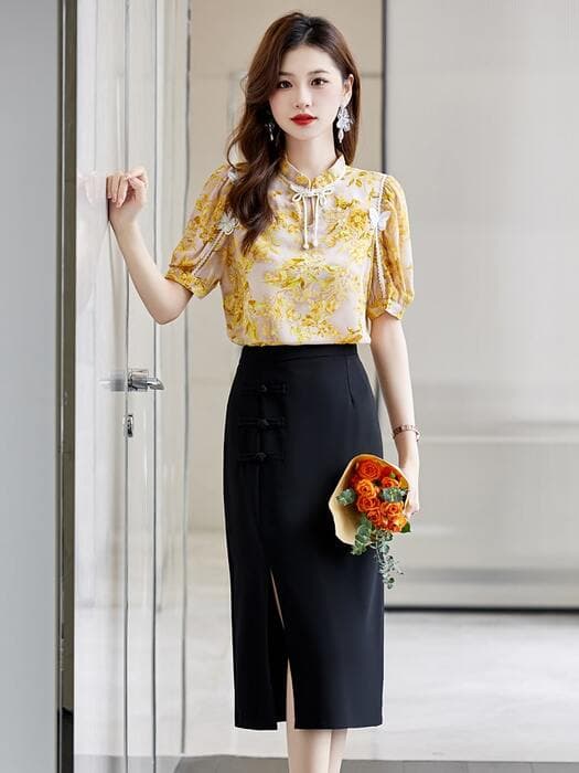 チャイナ服 チャイナスカート オフィスカジュアル風 ひざ丈