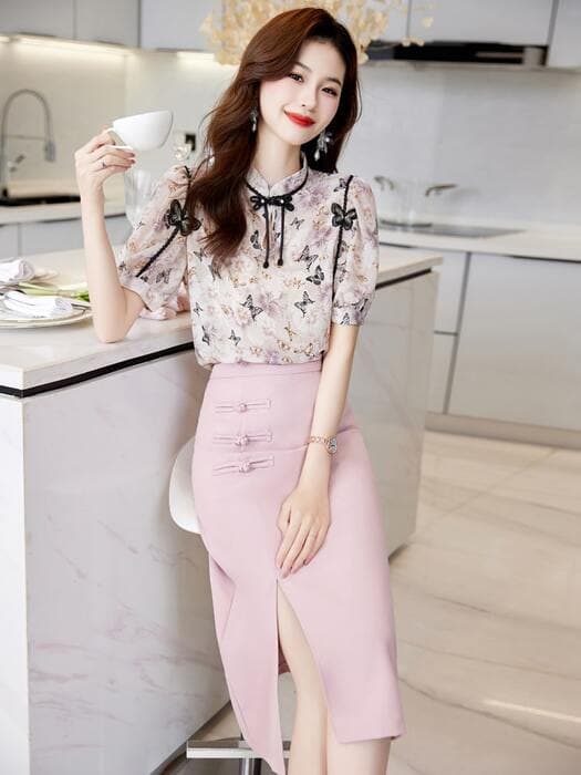 チャイナ服 チャイナスカート オフィスカジュアル風 ひざ丈