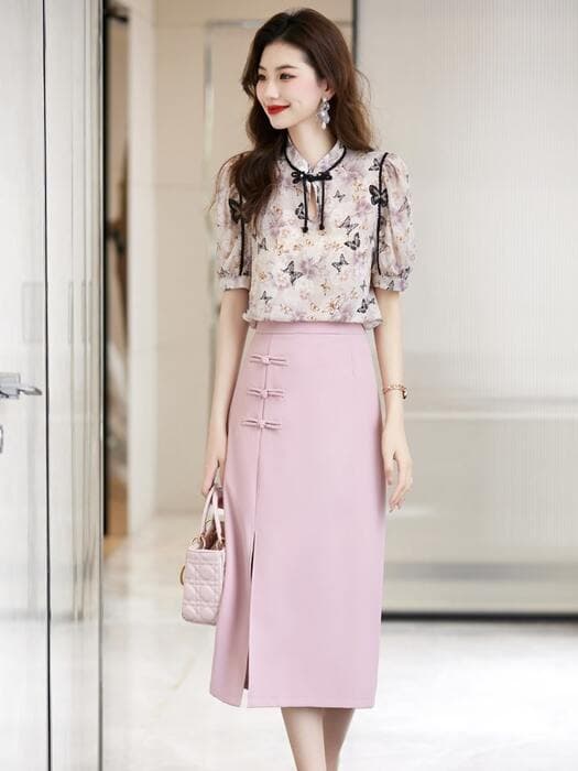 チャイナ服 チャイナスカート オフィスカジュアル風 ひざ丈