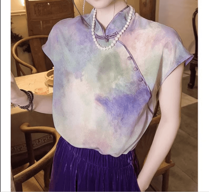 チャイナ服 虹色 チャイナシャツ ラウンドネック