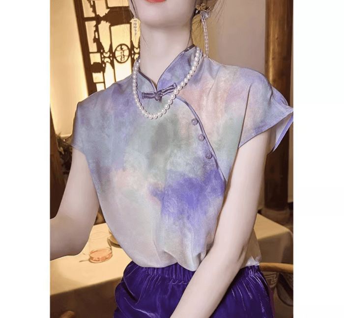 チャイナ服 虹色 チャイナシャツ ラウンドネック