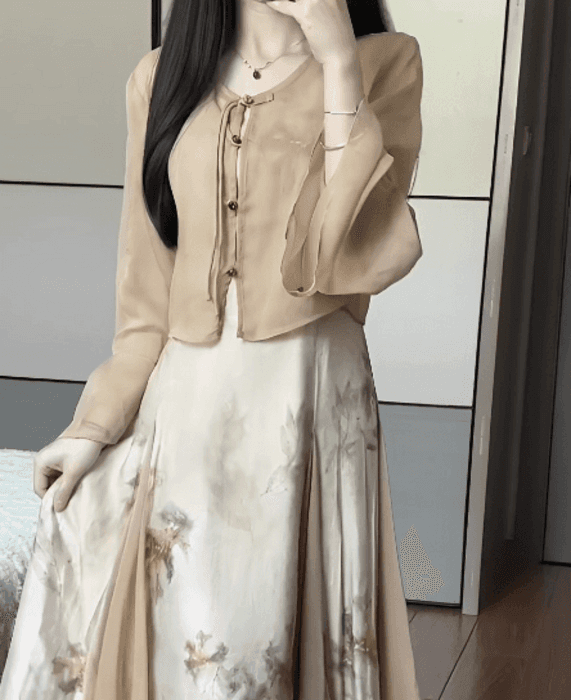チャイナ服 フレアスリーブのベージュチャイナジャケット