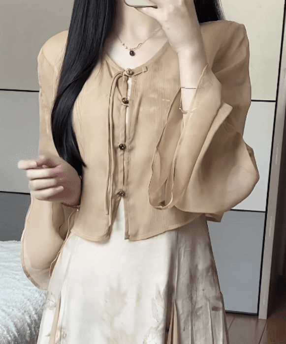 チャイナ服 フレアスリーブのベージュチャイナジャケット