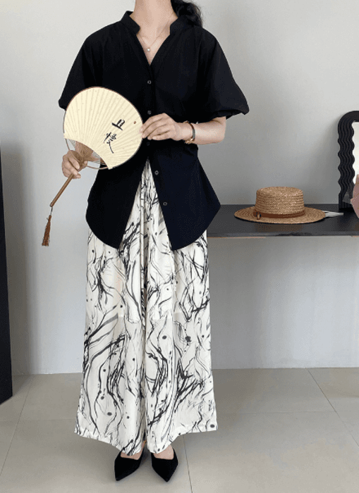 チャイナ服 水墨画 デザイン ワイド チャイナパンツ