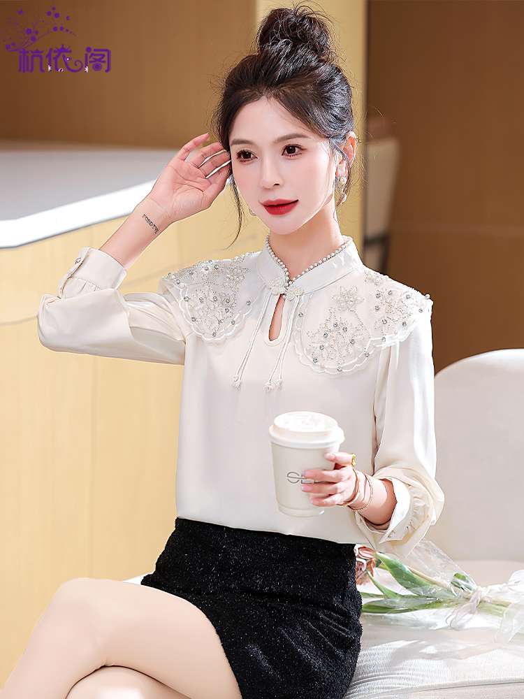チャイナ服 襟付き ビジュー ブラウス