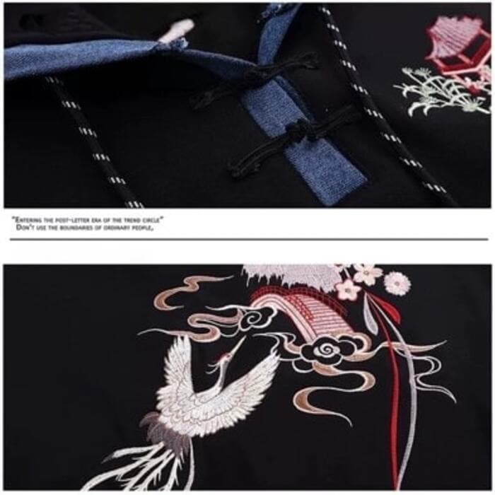 デニム風キリカエ刺繍 チャイナ パーカー