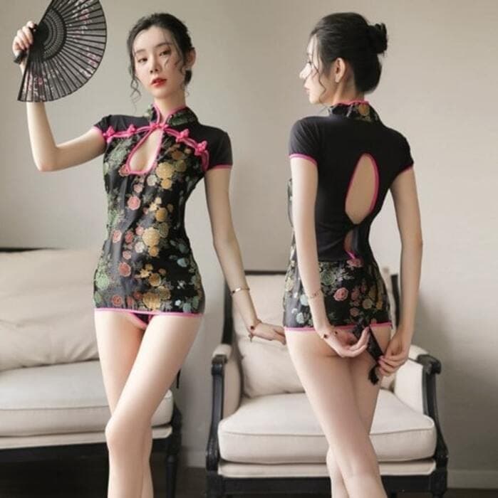 ピンクライン 花柄チャイナドレス