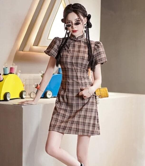 クラシカルチェック ブラウンチャイナワンピース