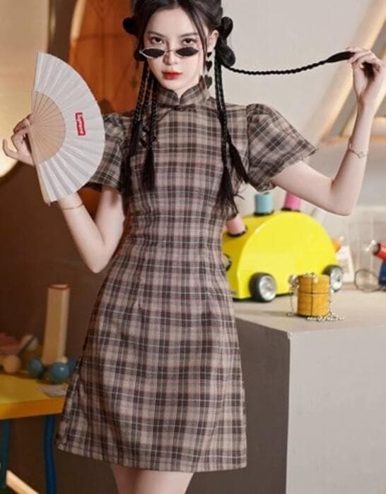 クラシカルチェック ブラウンチャイナワンピース