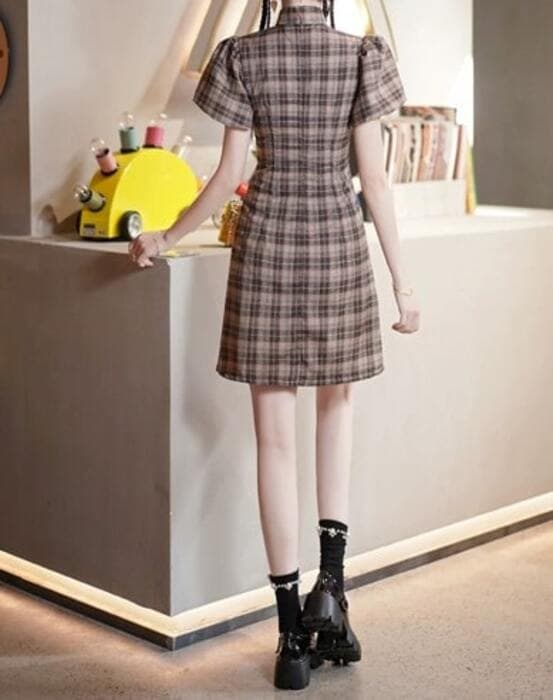 クラシカルチェック ブラウンチャイナワンピース