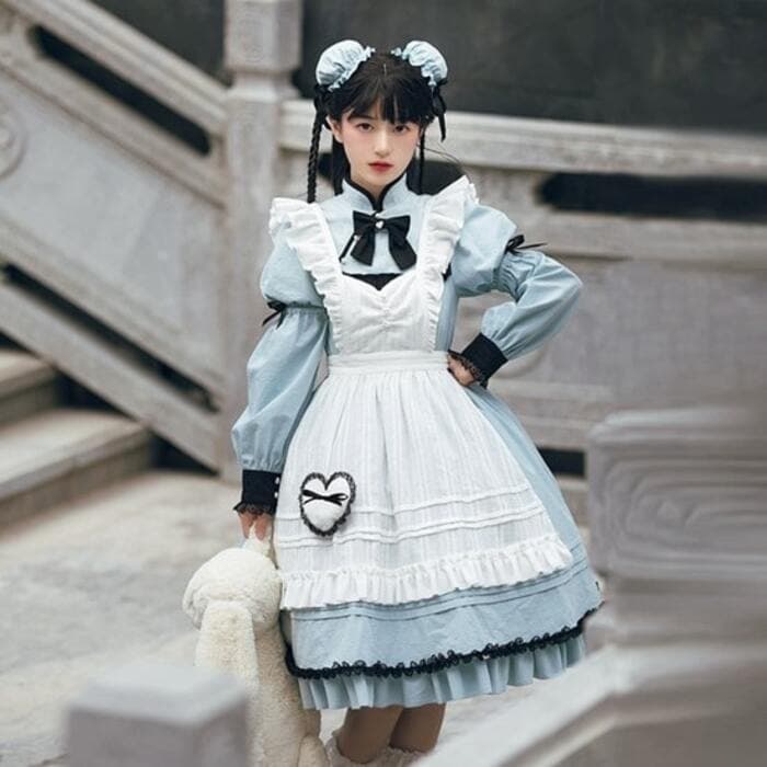メイド風パールボタン ブルーチャイナワンピース