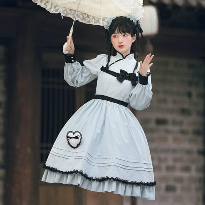メイド風パールボタン ブルーチャイナワンピース