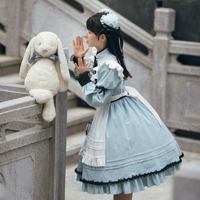 メイド風パールボタン ブルーチャイナワンピース