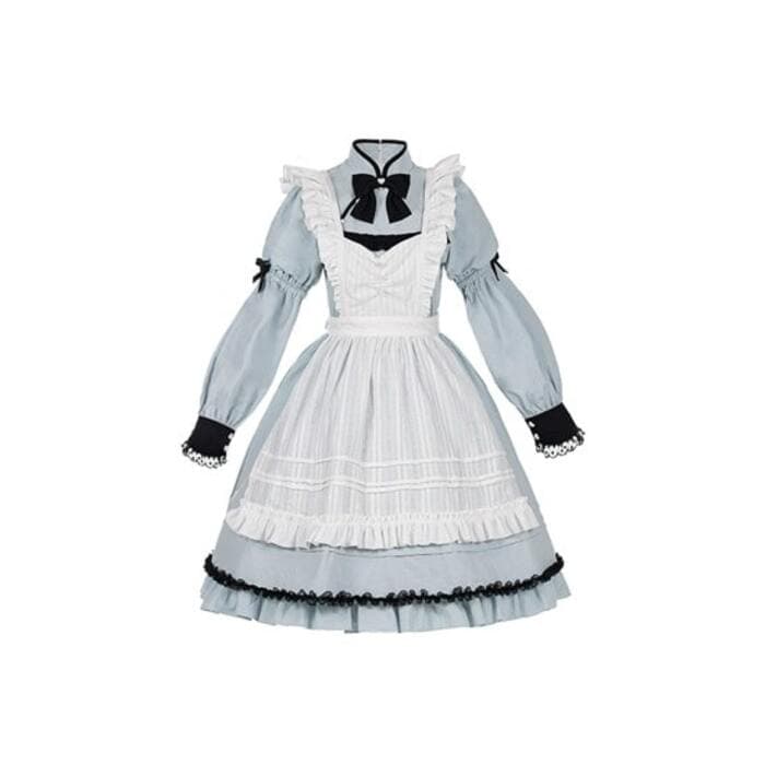 メイド風パールボタン ブルーチャイナワンピース
