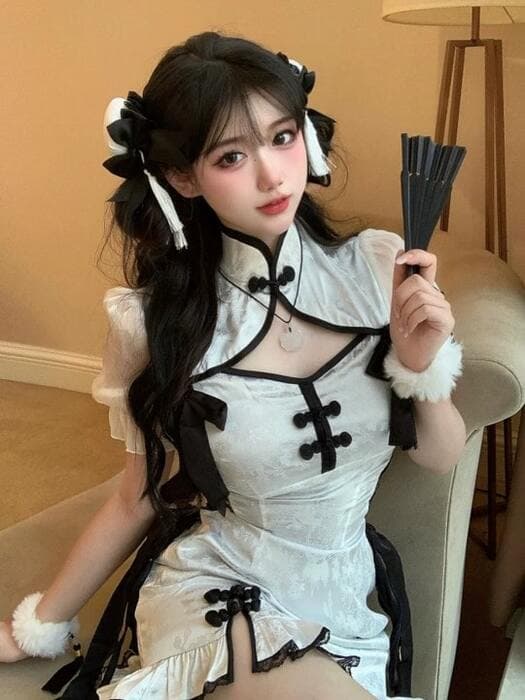 チャイナ服 パンダカラー サテン チャイナドレス
