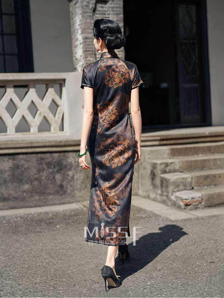チャイナ服 フラワー シック ブラック ドレス