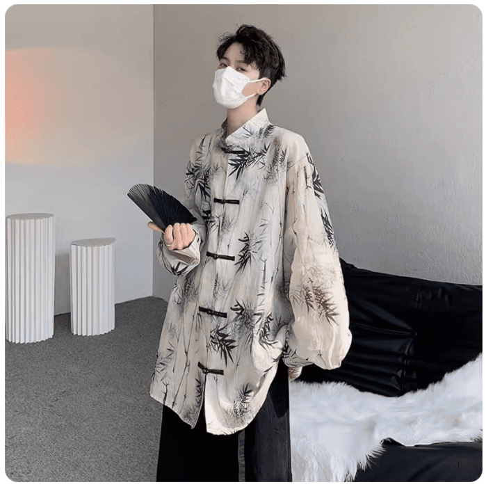 竹林柄チャイナボタン長袖シャツ