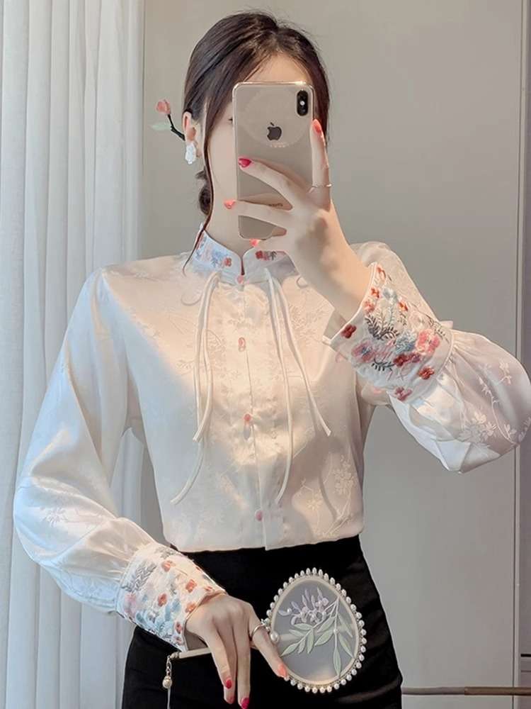 チャイナ服 フラワー 刺繍 ブラウス