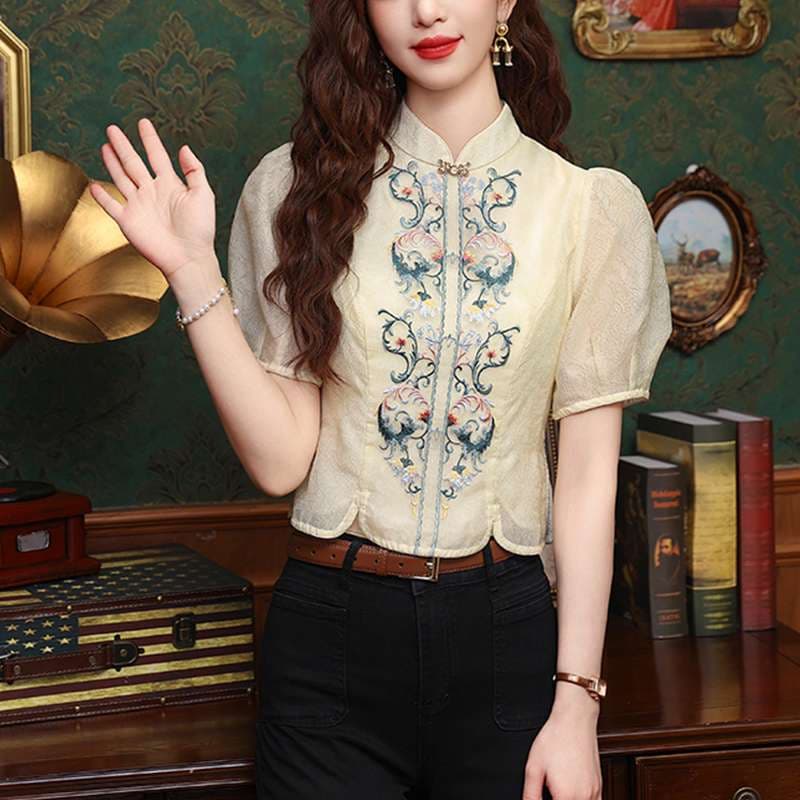 チャイナ服 刺繍 パフ スリーブ ブラウス