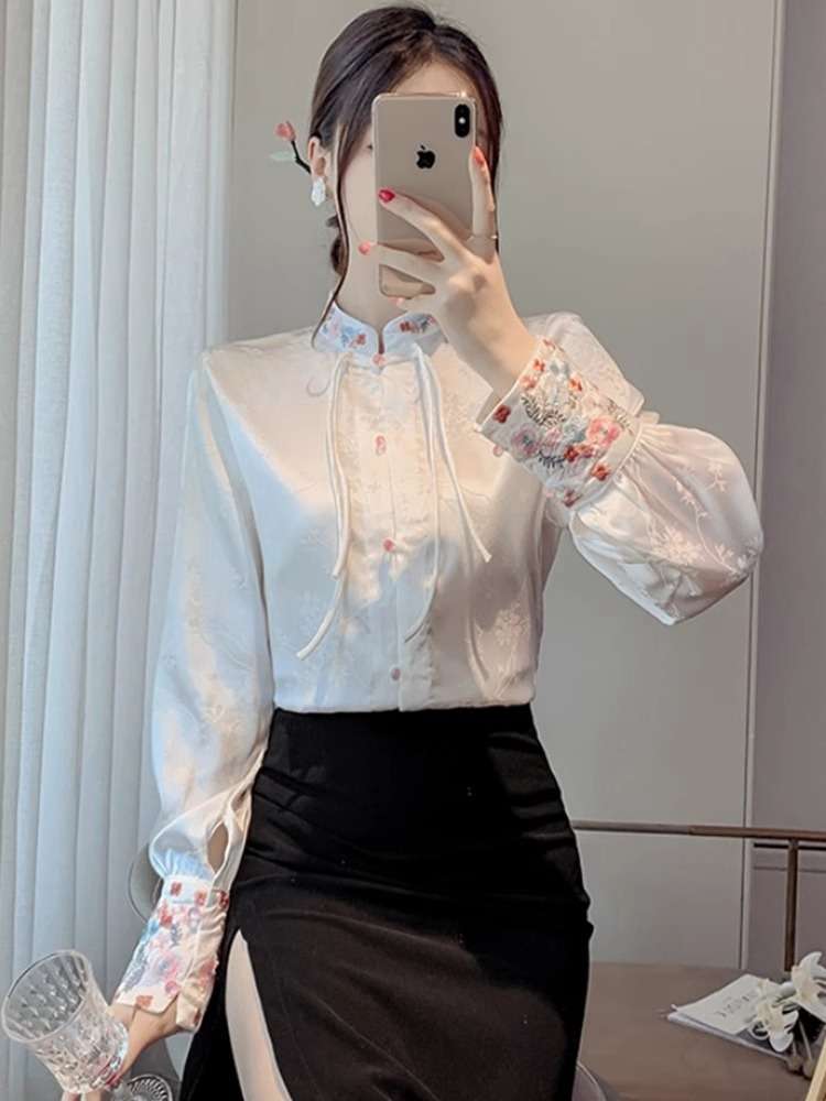 チャイナ服 フラワー 刺繍 ブラウス