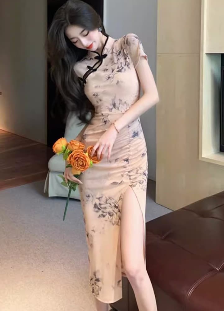 花柄刺繍入り深スリットロング丈チャイナドレス