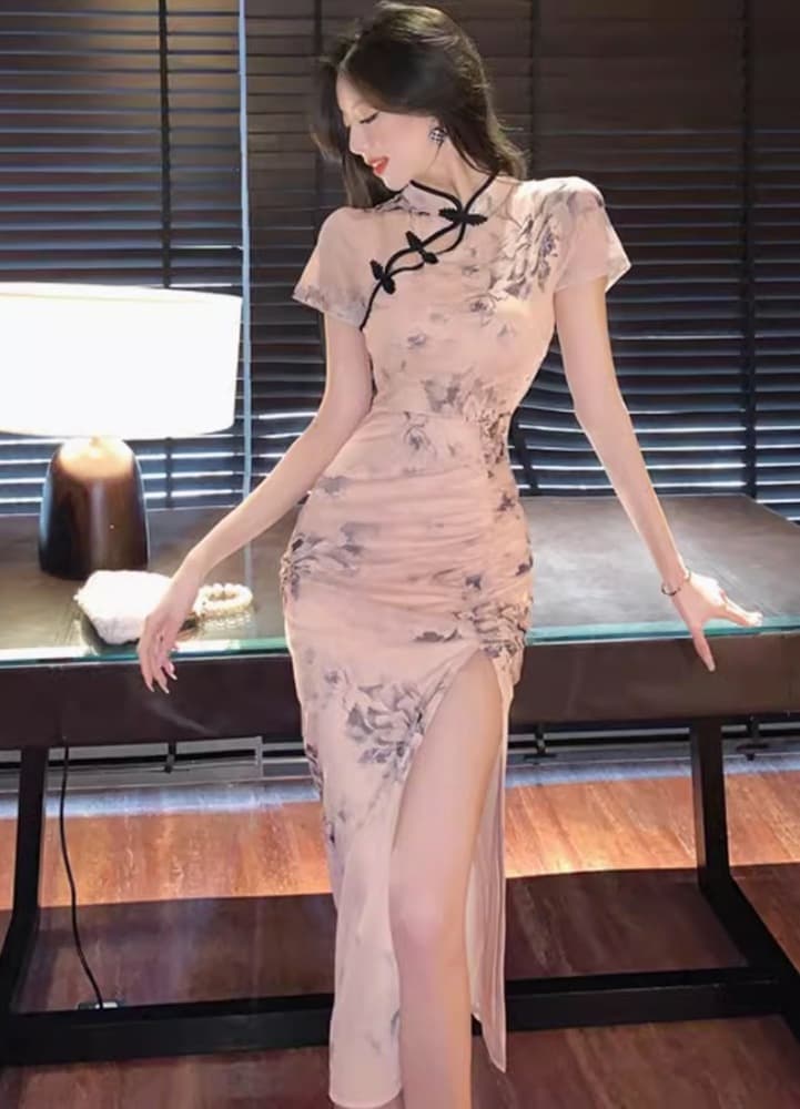 花柄刺繍入り深スリットロング丈チャイナドレス