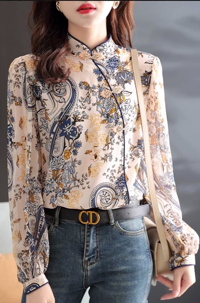 チャイナ服 おしゃれな花柄デザインのチャイナシャツ