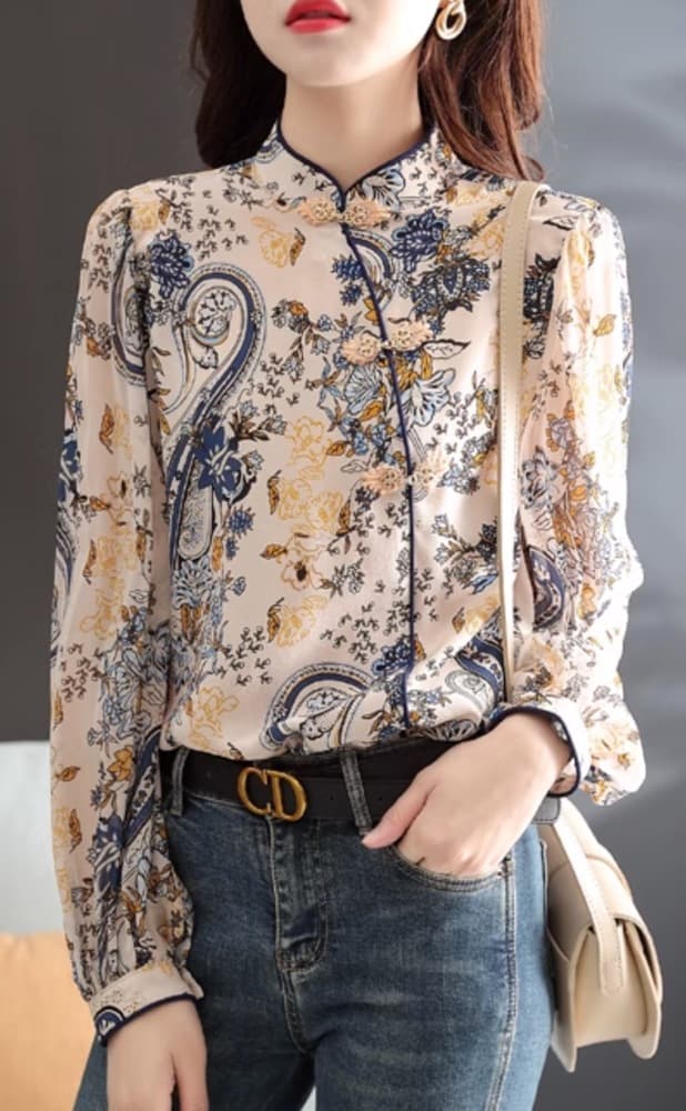 チャイナ服 おしゃれな花柄デザインのチャイナシャツ