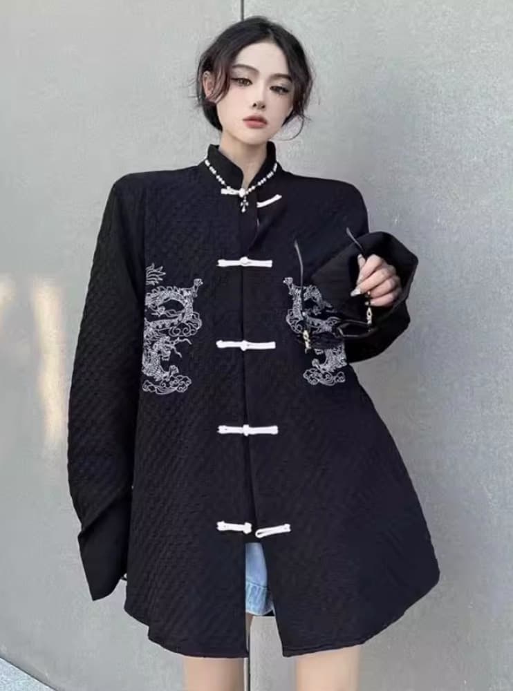龍刺繍入りキルティングチャイナボタンジャケット