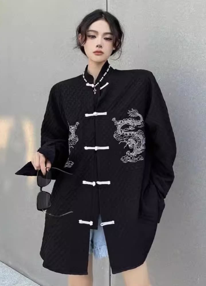 龍刺繍入りキルティングチャイナボタンジャケット