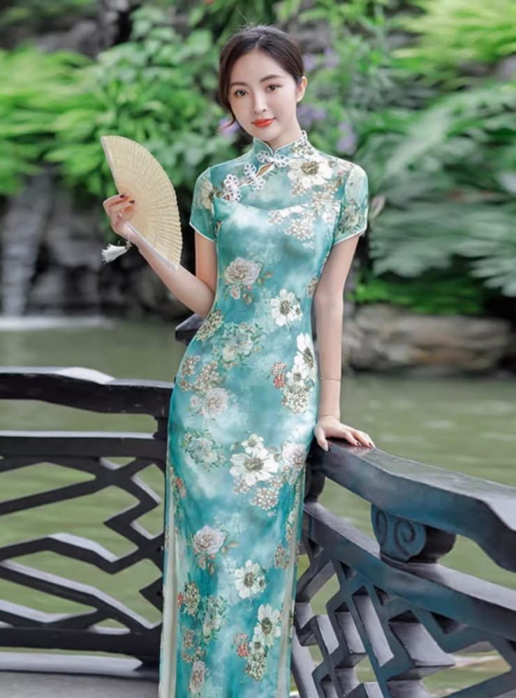 花柄刺繍入り立襟ロングチャイナ服ドレス