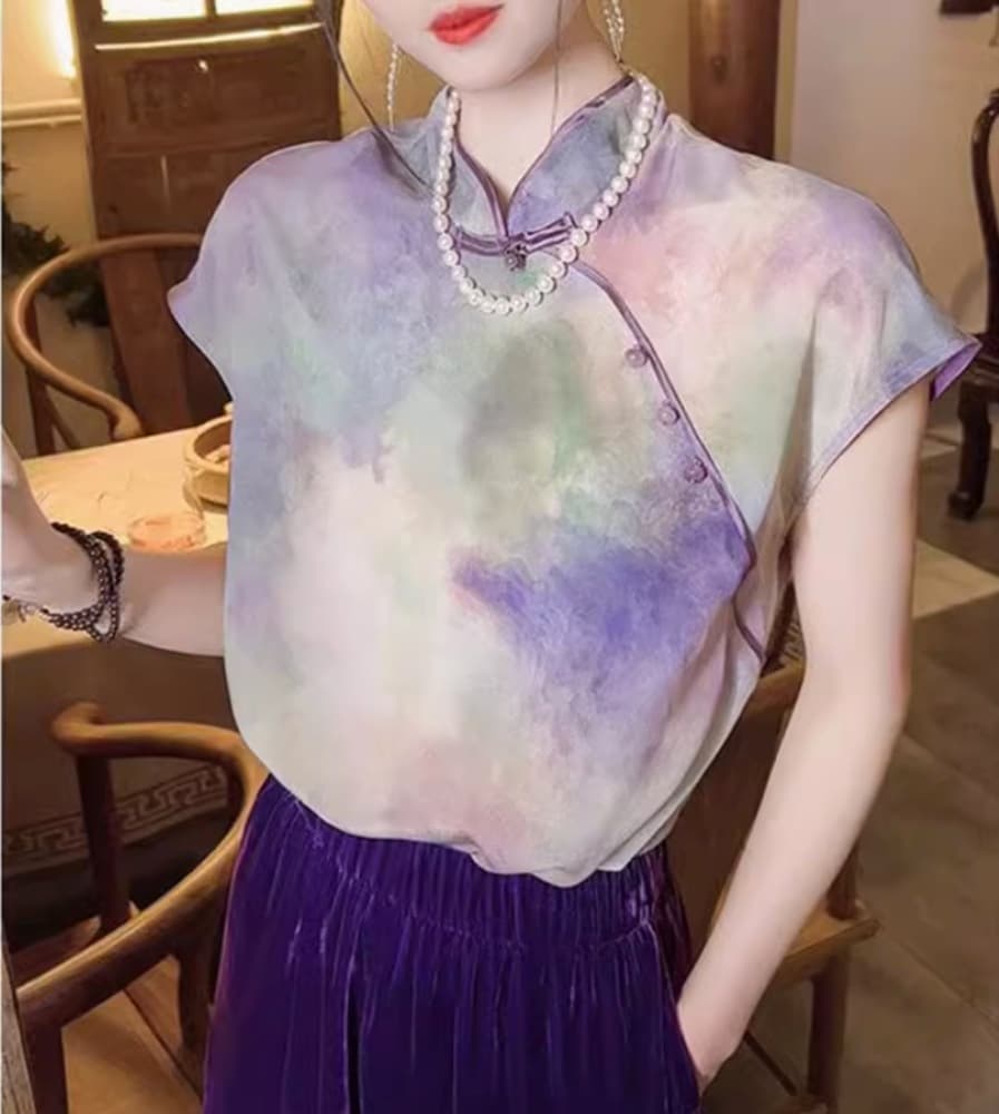 チャイナ服 虹色 チャイナシャツ ラウンドネック