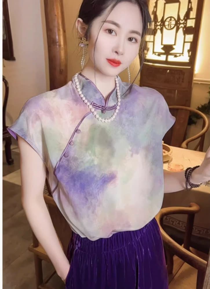 チャイナ服 虹色 チャイナシャツ ラウンドネック