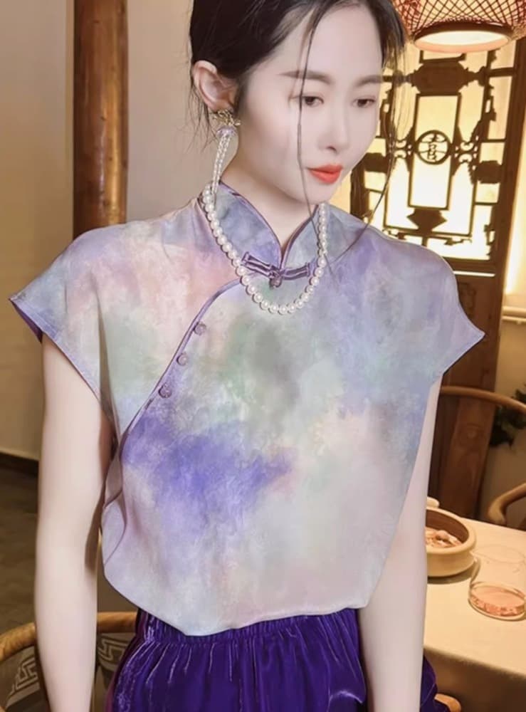 チャイナ服 虹色 チャイナシャツ ラウンドネック