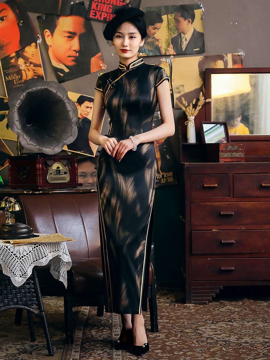 チャイナ服 セクシー ブラック ゴールド ドレス