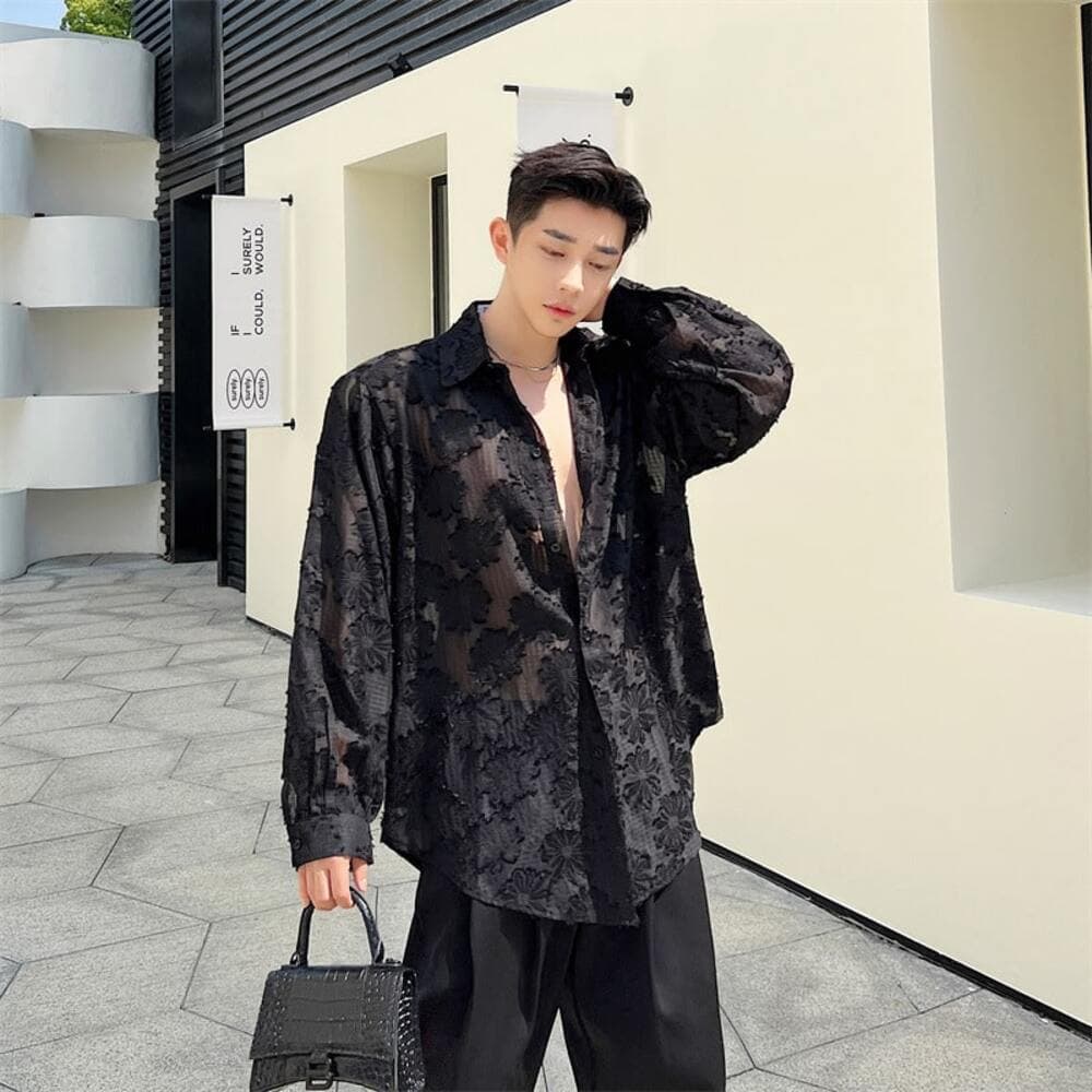 チャイナ服 シースルー オーバーサイズシャツ メンズチャイナ
